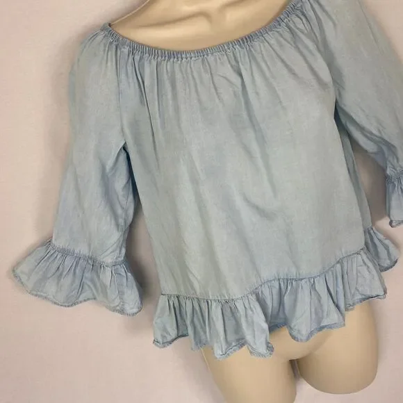 Sanctuary Top Womens XS Chambray Denim Ruffled Boho Bell Sleeve Feminine Blue - Picture 2 of 10